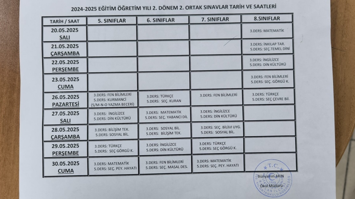 OKULUMUZUN 2. DÖNEM 2. SINAV TARİHLERİ
